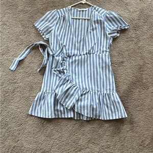 Blue and White Striped Wrap Dress